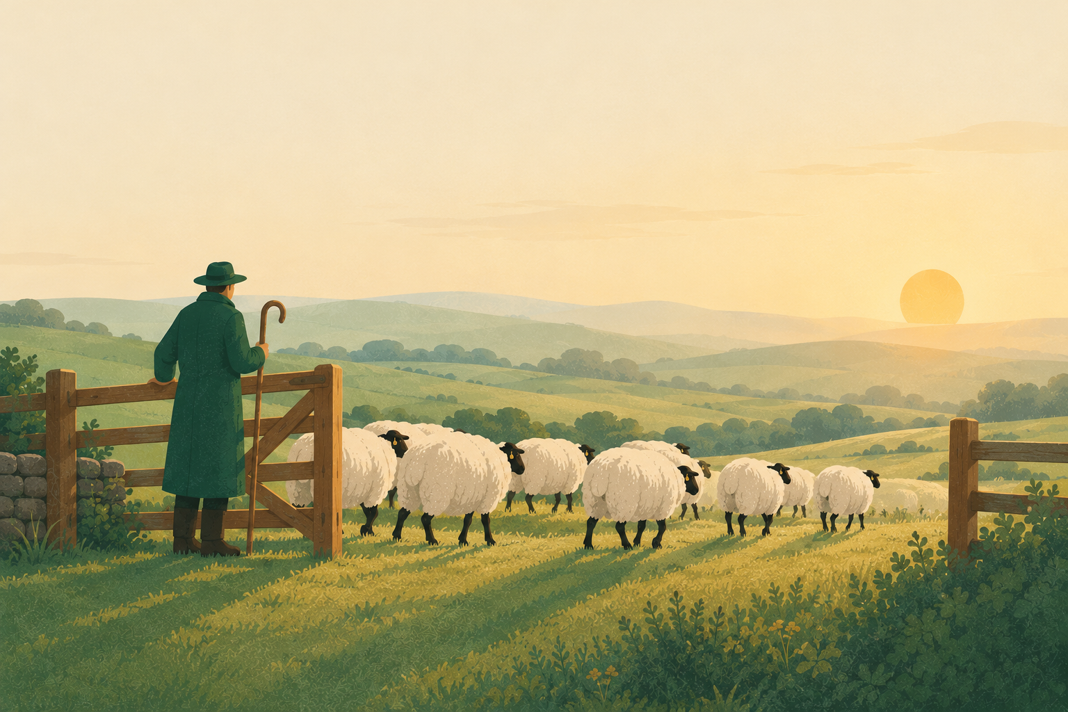 The shepherd at an open gate as the flock walks through at golden hour