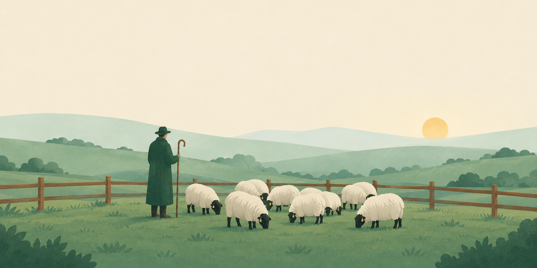 A shepherd watching a flock of sheep inside a fence on rolling hills